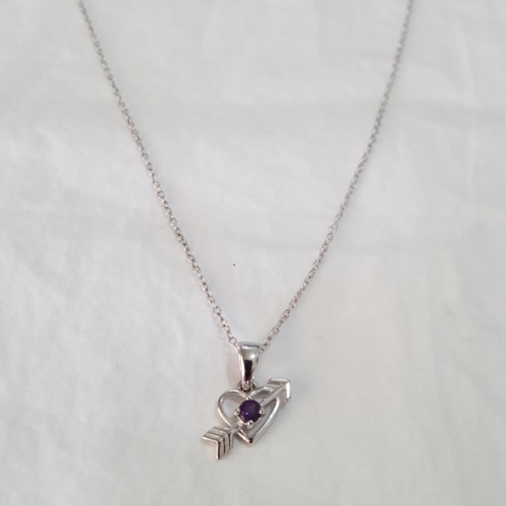 Girls Necklace small heart w arrow and purple stone